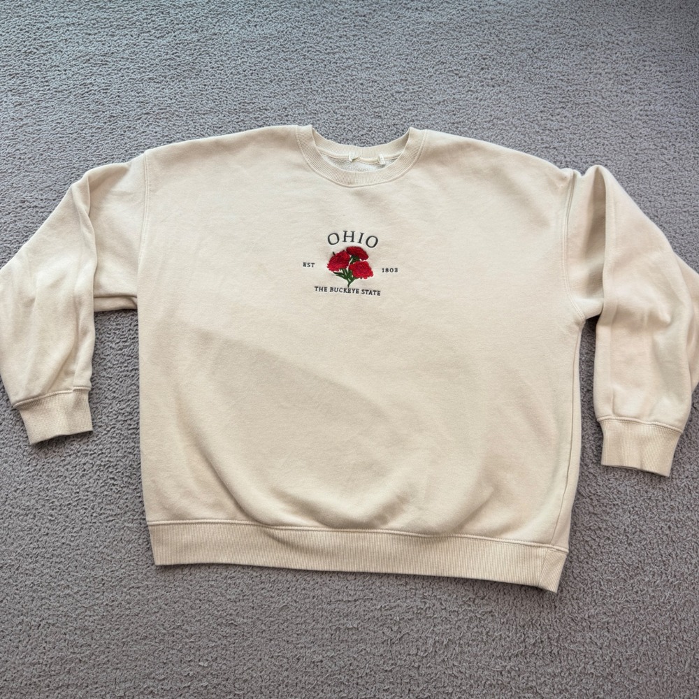 Ohio The Buckeye State Embroidered Cream Crewneck Sweatshirt Womens XL